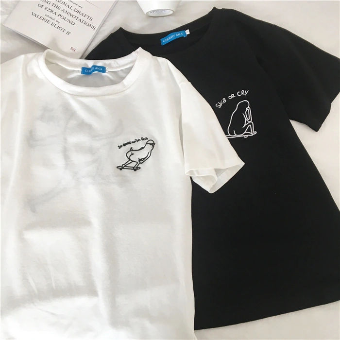Spring and summer new Korean version of the loose student ulzzang wild Harajuku bf wind qlz lovers short-sleeved t-shirt women