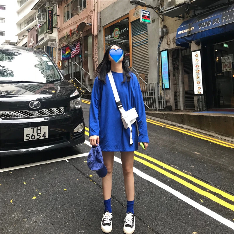 Harajuku bf wind retro solid color loose girlfriends long paragraph long-sleeved T-shirt