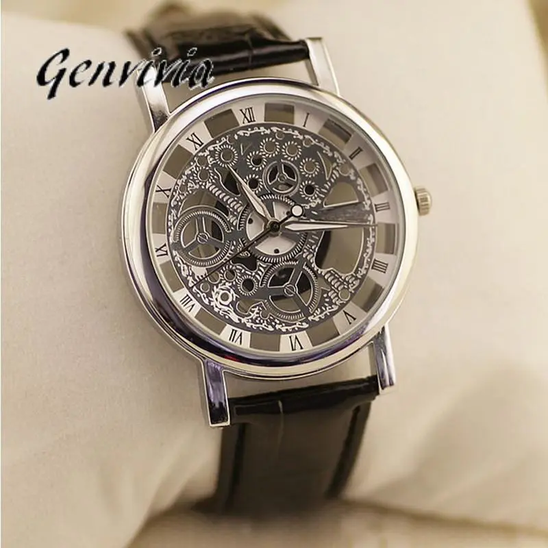 GENVIVIA 2021 High Quality Men's Luxury Hollow Stainless Leather Strap Watch