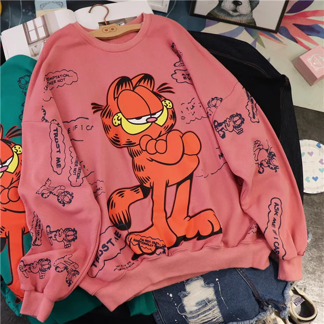 Female Cat Cartoon Pattern Round Neck Sweater Dress