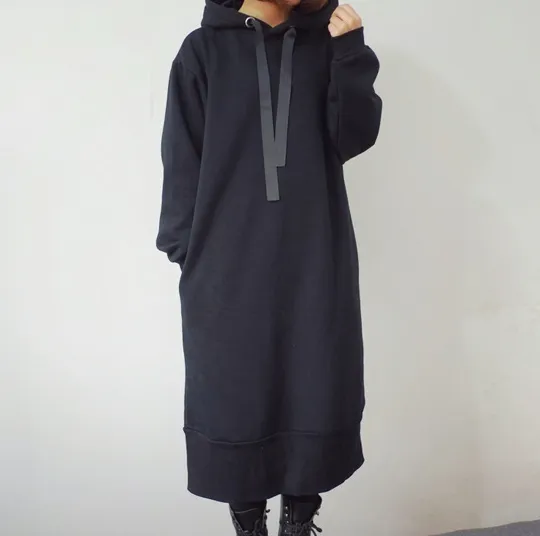 Winter new hooded drawstring long sleeve solid color pocket loose hem split fork wild long plus velvet sweater women