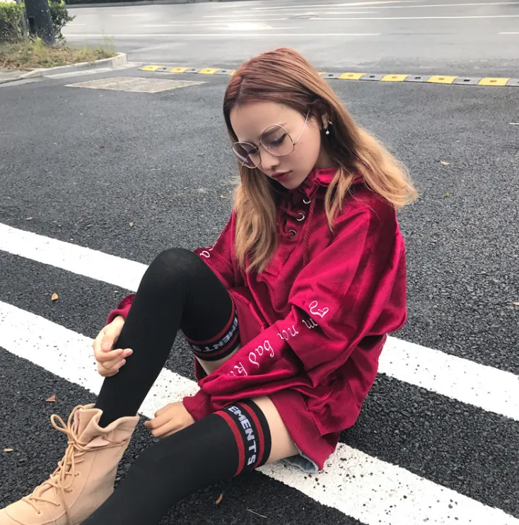 Autumn and winter Harajuku style dark black heavy embroidery embroidered velvet rope fleece pullover sweater shirt women