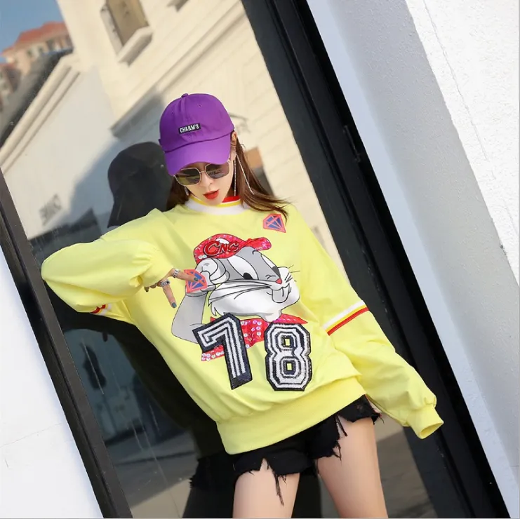 Thailand Tide brand 2021spring new European station cartoon heavy work beaded sequins color matching loose sweater women's shirt