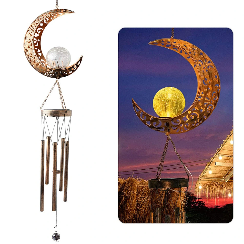 Solar Wrought Iron Hollow Moon Wind Chime Lamp