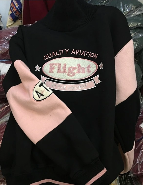 Autumnwinternew high necked coloured letters flocking loose and velvet sweater