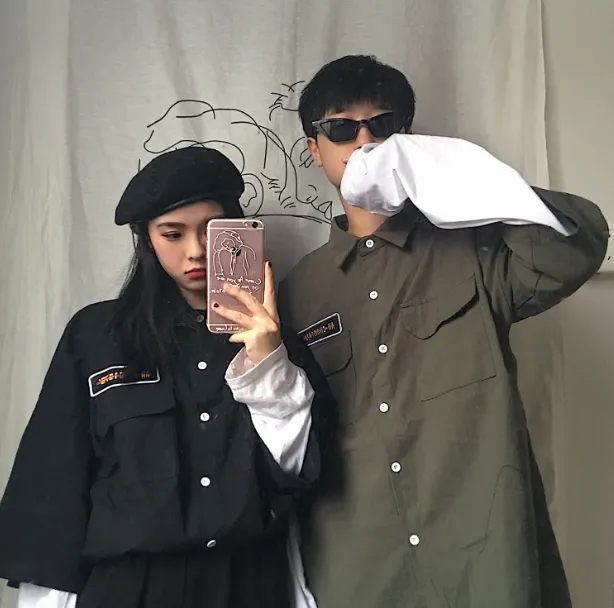 Autumn new Korean ins with the same paragraph Harajuku style retro tooling embroidery street outside shirt shirt men and women