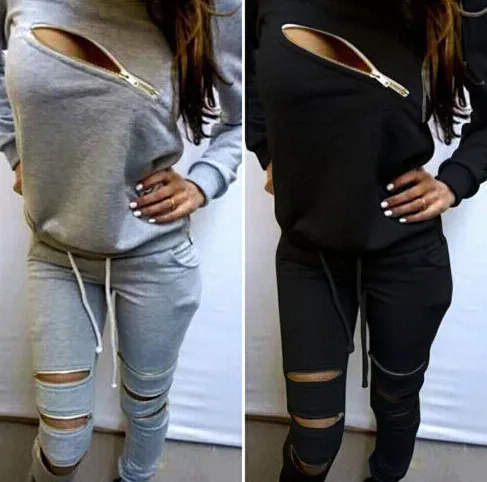 Europe and the United States fashion new trend sexy zipper long-sleeved casual sweater suit plus velvet sweater two suit women