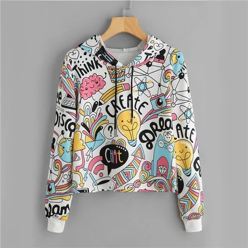 Long sleeve multicolor cartoon hooded casual sweatshirt