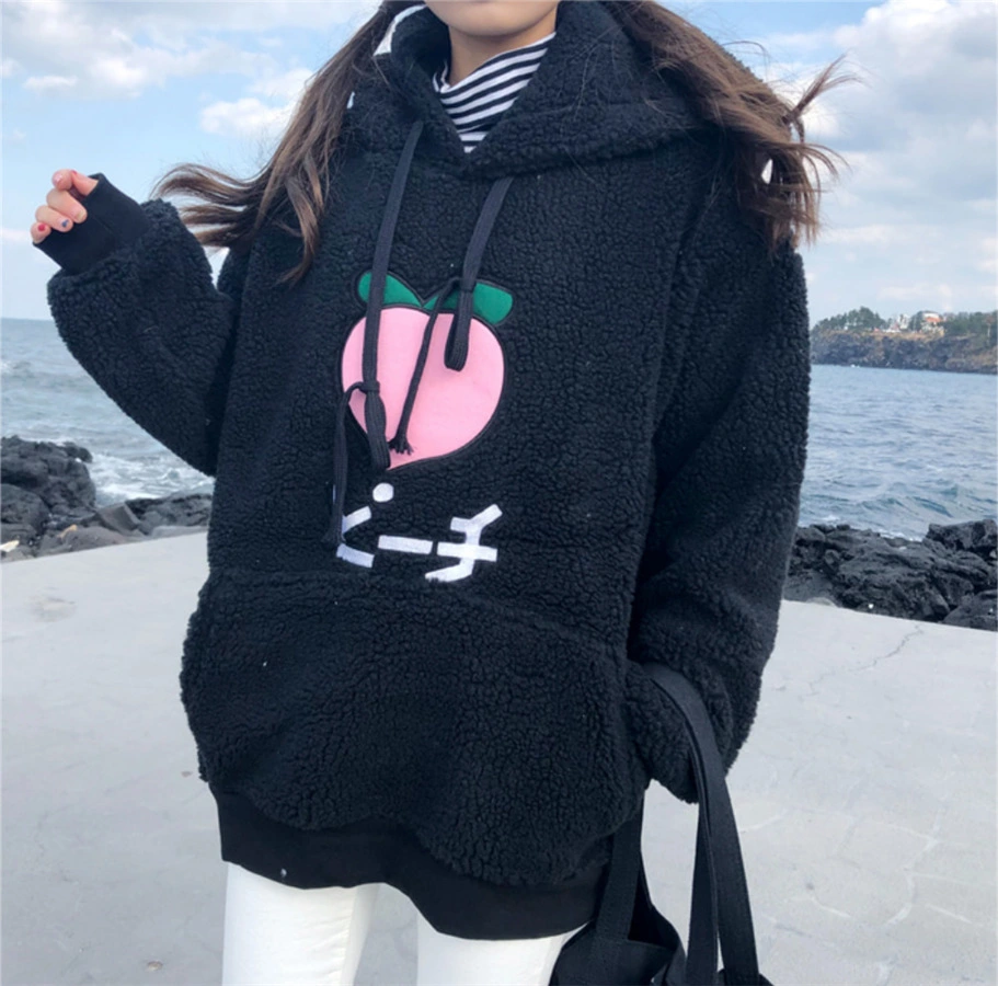 Winter soft girl style Korean girl heart embroidery peach peach lamb warm hoodie sweater thickening furry