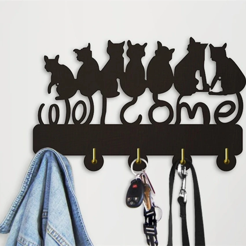 Black cat silhouette decorative wall hanger kitten coat rack clothing hook