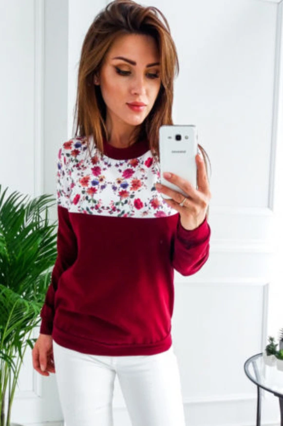 Print stitching solid color long sleeve sweater