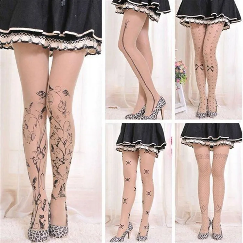 Velvet cartoon fake tattoo printed stockings