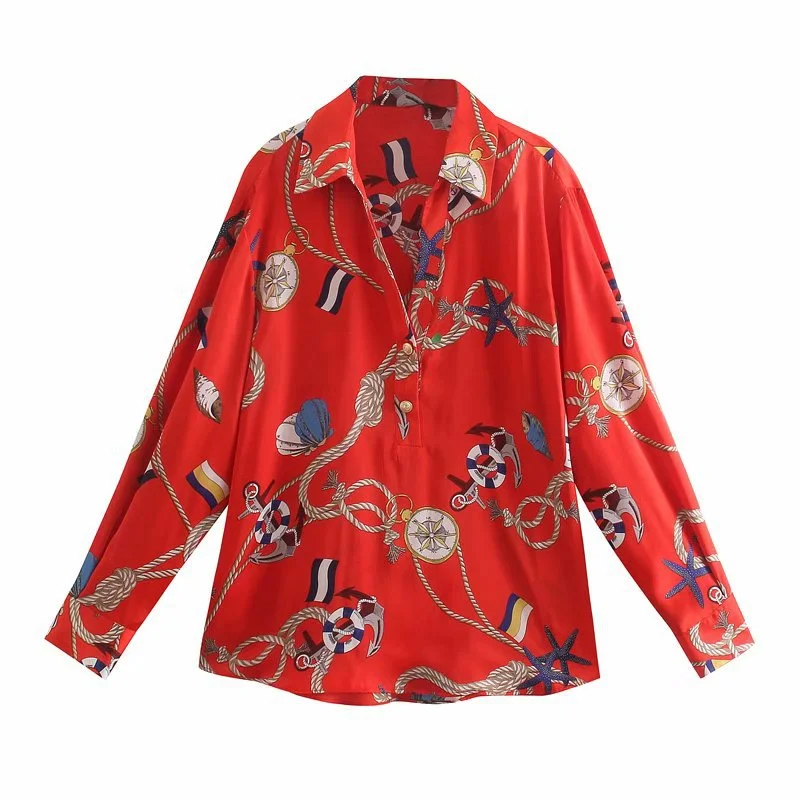 Printed Cardigan Red Single-breasted Lapel Long Sleeve Shirt
