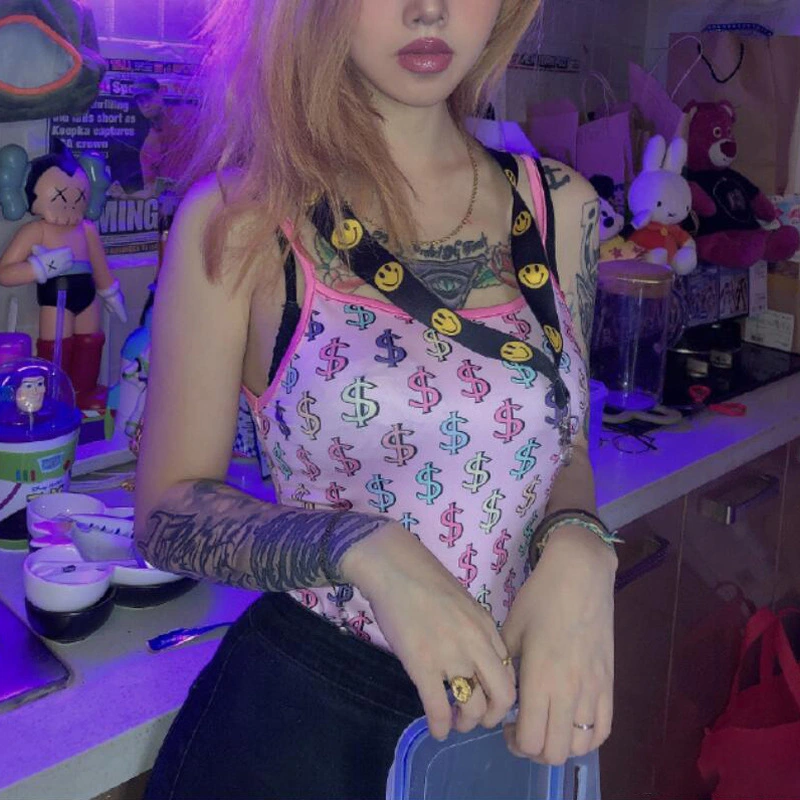 Printed pink suspender top