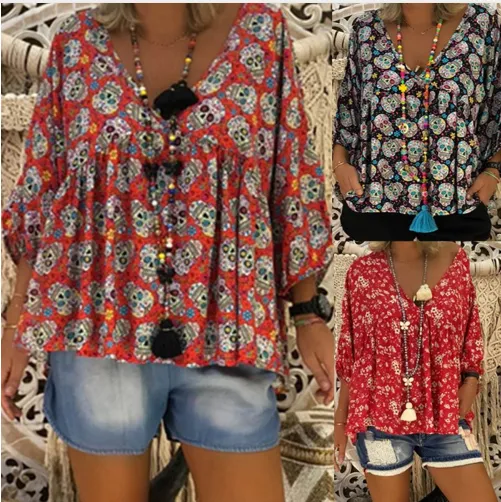 Flower thin section printed nine-point sleeve shirt