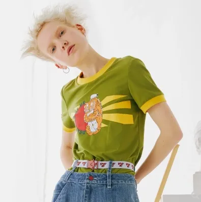 Slim slim printed contrast color short-sleeved T-shirt female wild 2021 summer new style