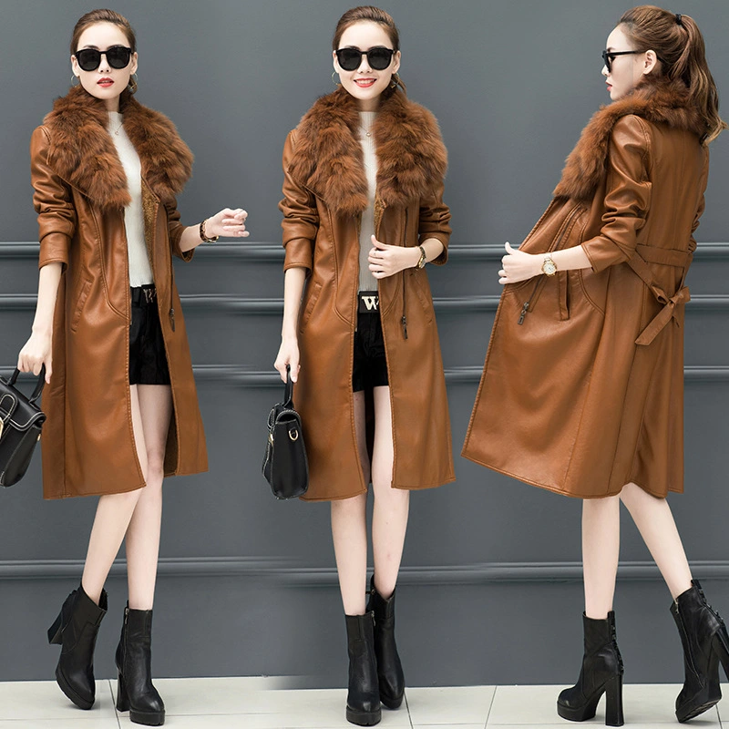Fleece leather waist coat with fur collar