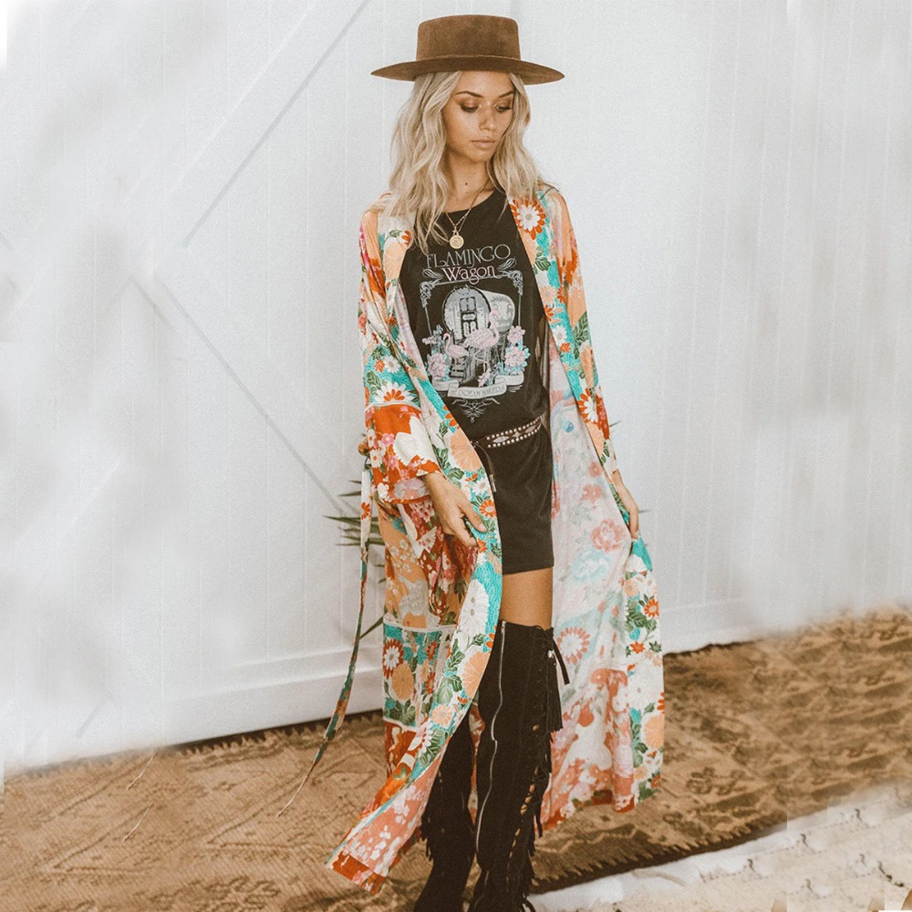 Europe and the United States spring and summer women's bikini street shoot wind flower print chiffon sunscreen shirt cardigan and uniform