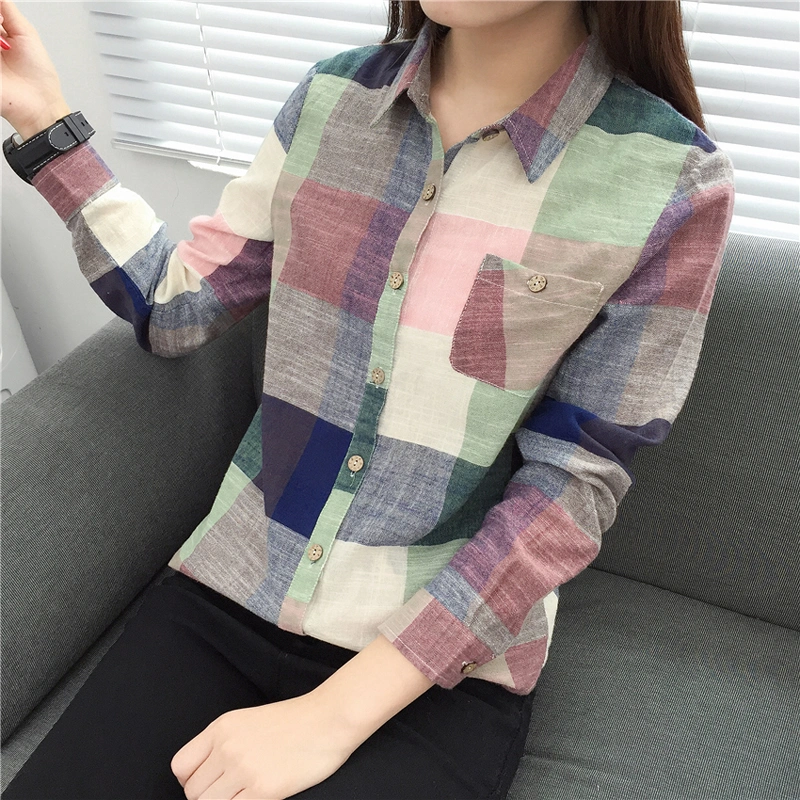 asual Plaid Women Blouses Kimono Vintage Linen Cotton Long Sleeve Blouse Female Shirts Tops