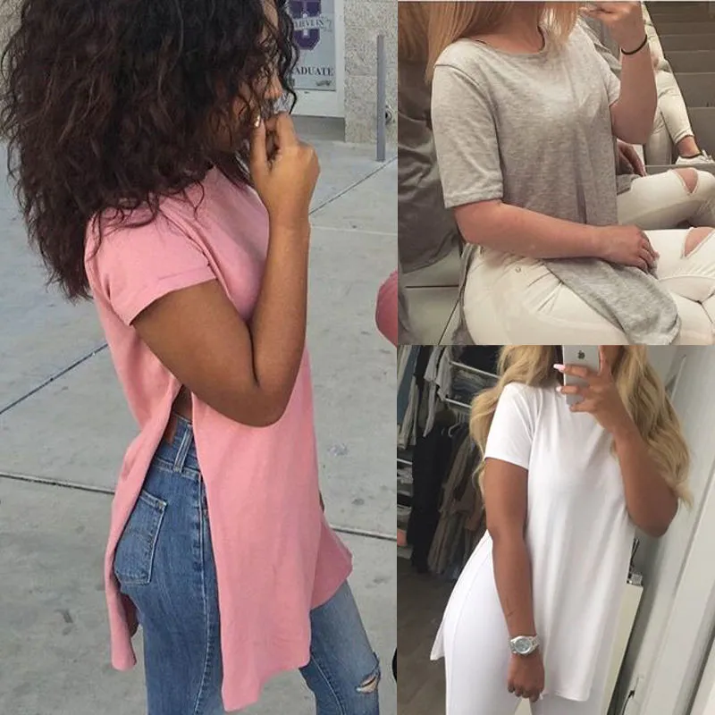 Crew neck hem split solid T-shirt
