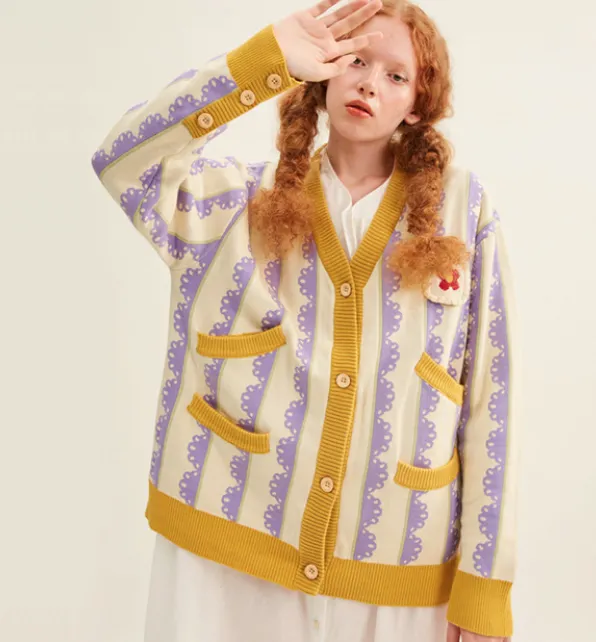 Life series yellow purple lace graphics cotton double layer thick sweater cardigan girl new