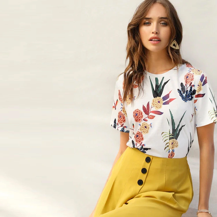 European and American flower print short-sleeved T-shirt