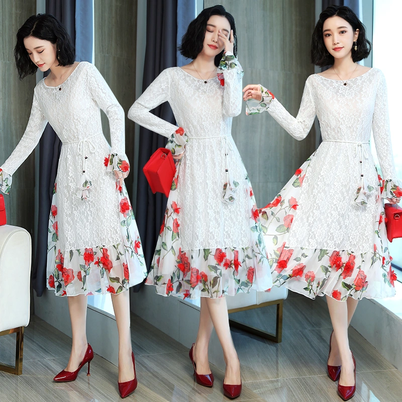 Hook flower hollow trend stitching temperament fashion casual solid color waist dress