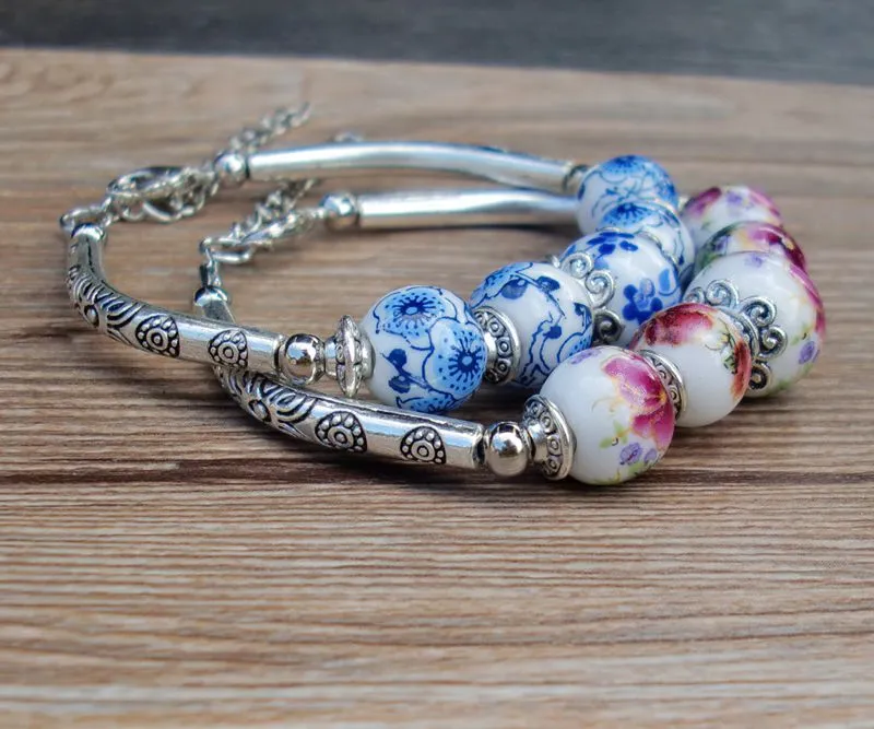 Retro ceramic jewelry, alloy elbow, blue and white porcelain bracelet, hand-made female hand ornaments