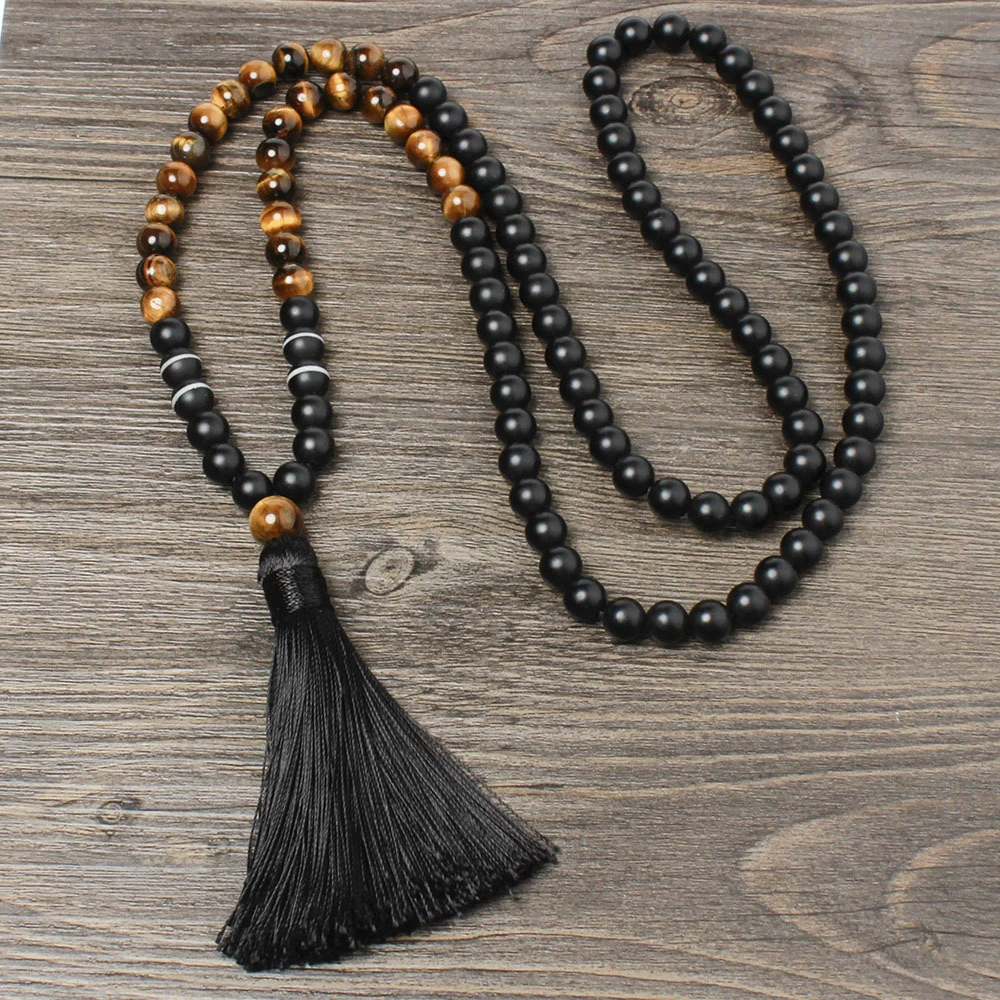 Stone rosary black agate tassel necklace long necklace sweater chain