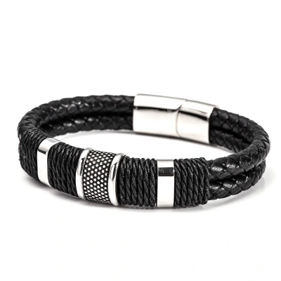 Men's Layered Leather Woven Bracelet