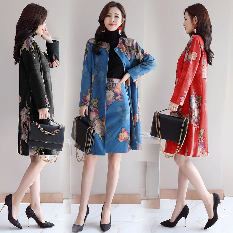 Long-sleeved single-breasted mid-length winter suit/sleeve trend slim round neck print