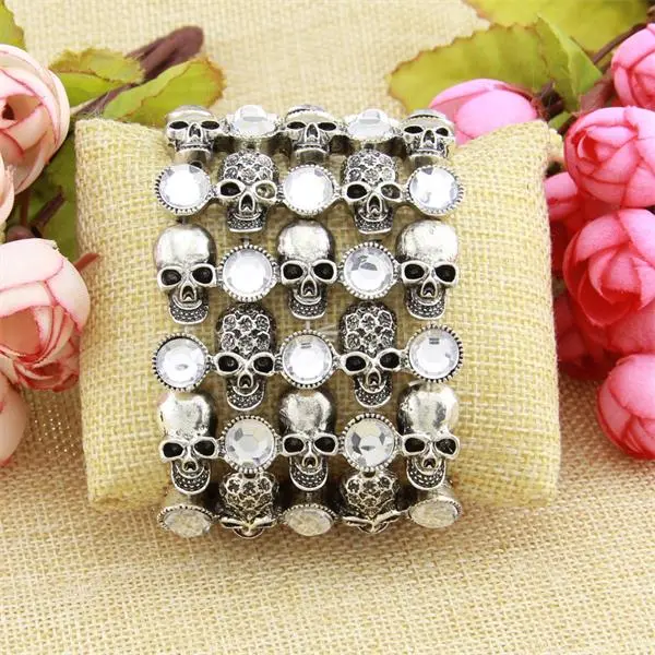 Skull skeleton stretch bracelet for women biker bling jewelry antique gold silver plated W crystal wholesale dropship