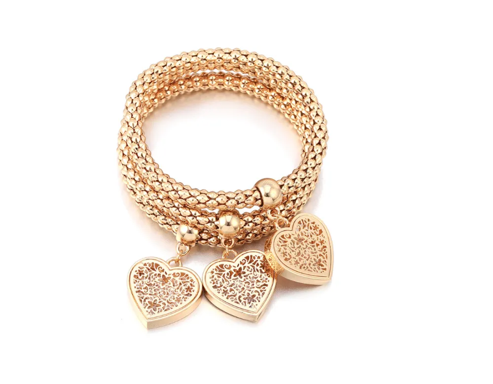 Alloy Elastic Diamond Love Pendant Bracelet Tricolor Corn Chain Set Peach Heart Bracelet