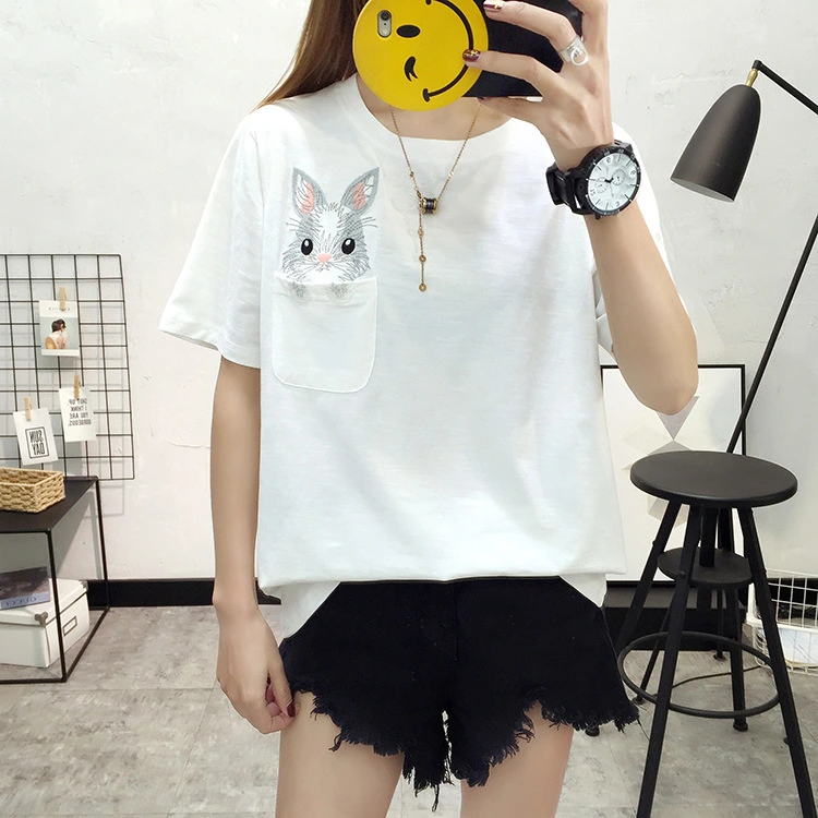 Embroidered rabbit short-sleeved T-shirt female