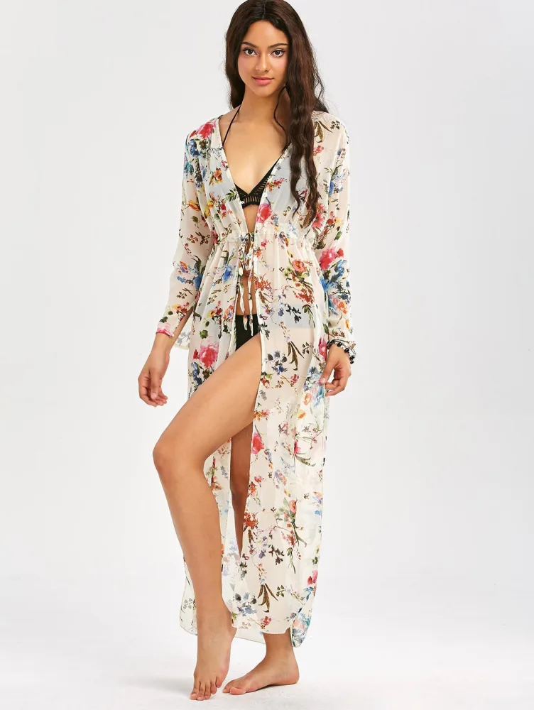 Vintage Womens Floral Print Long Kimono Shirt Long Sleeve Loose Chiffon Cardigan Beach Cover Up Shawl Tops