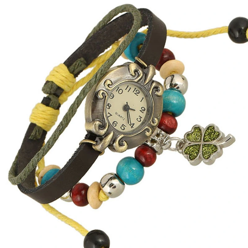 Sweet and lovely wind clover clover beaded leather bracelet girl leather bracelet watch student jewelry