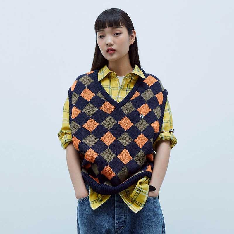 New Style Plaid Knitted V-Neck Loose Vest Women