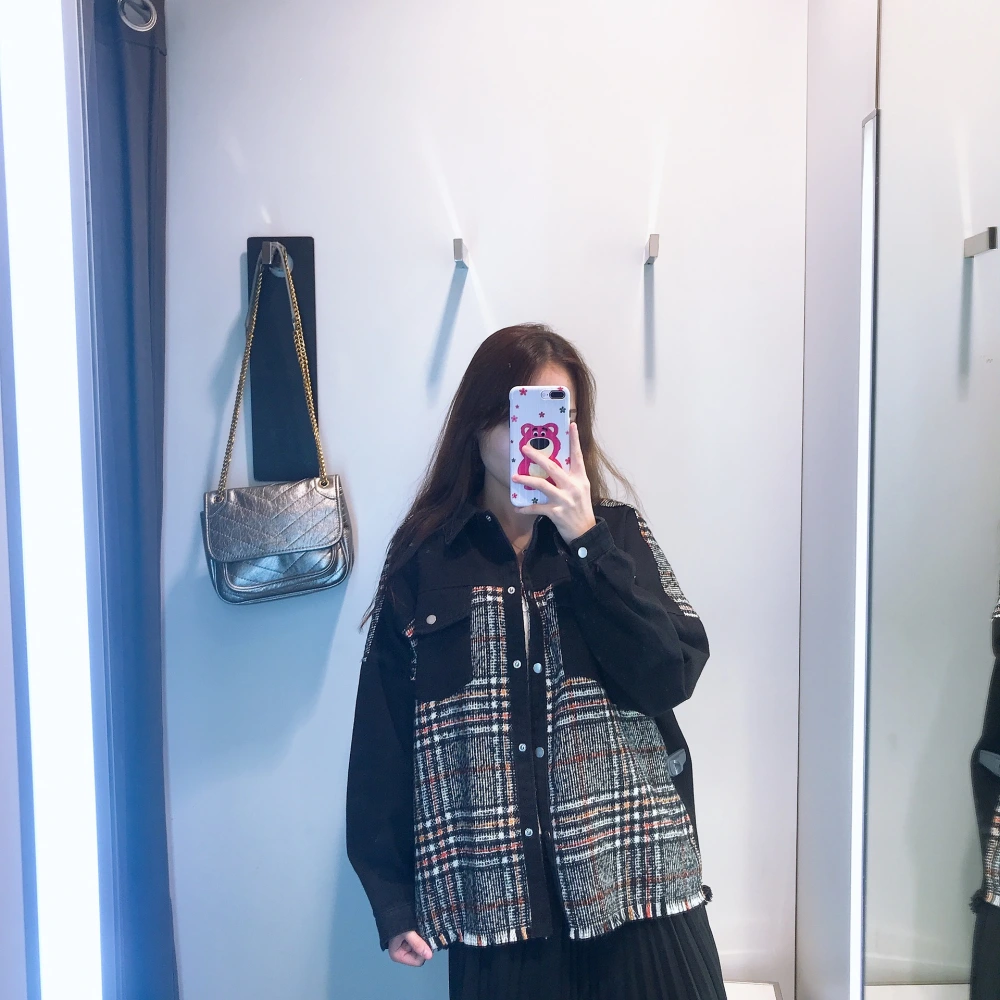 Denim panel plaid jacket