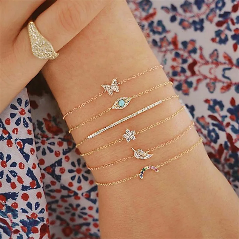 6 Pcs/Set Punk Butterfly Eye Star Moon Leaves Crystal Gem Shiny Gold Multilayer Chain Bracelet Set Women Exquisite Party Jewelry