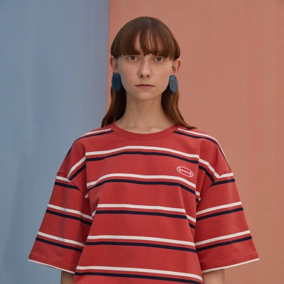 Horizontal Striped Shoulder Sleeve Loose Retro Wild Round Neck Cotton T-Shirt Top Summer Dress
