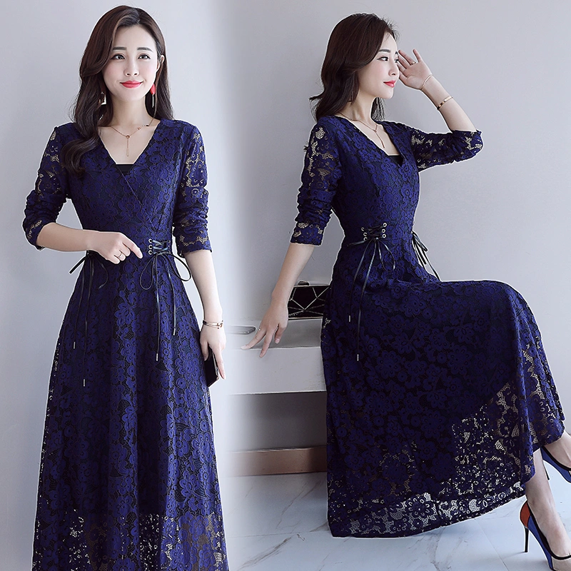 Crocheted Hollow-out Trend Stitching Temperament Fashion Leisure Mid-long Dresses in Autumn 2021
