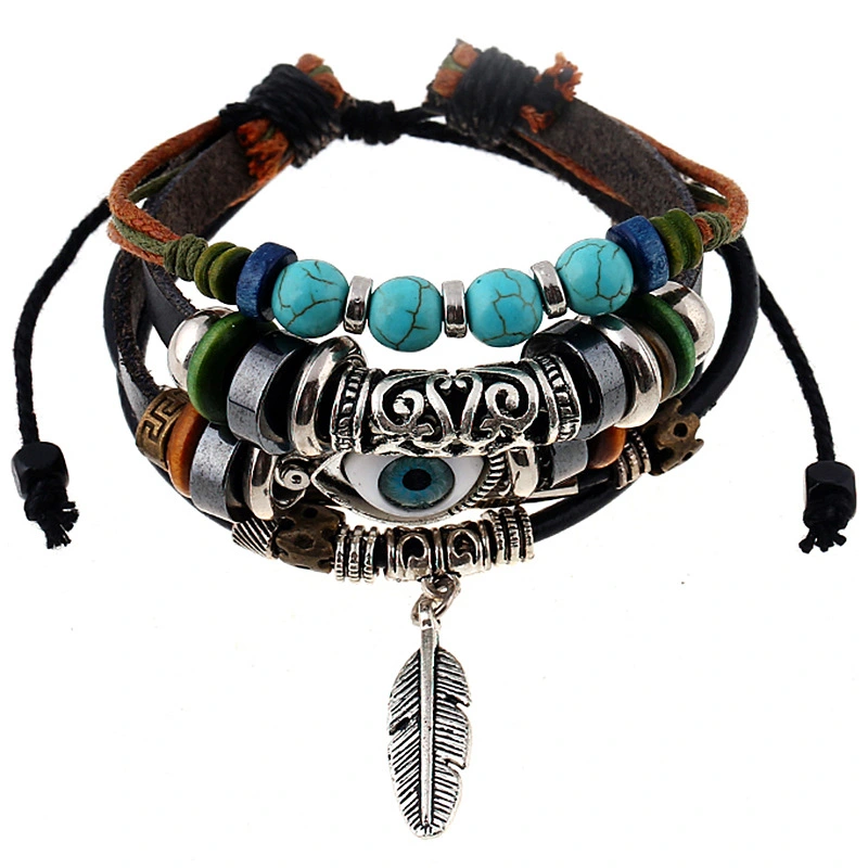 Ethnic style alloy feather leather bracelet