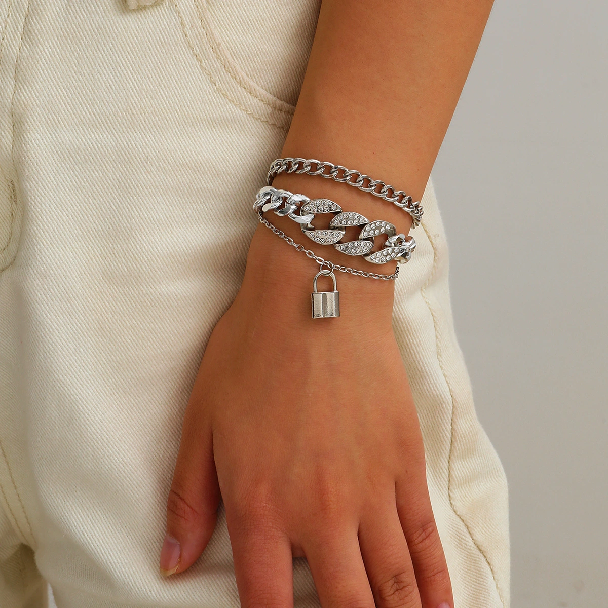 Multi-layer micro diamond lock pendant bracelet