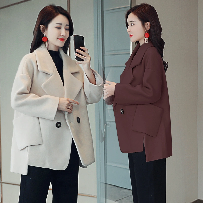 Two-button pure-color fashion stitching temperament casual pocket winter wool jacket 2021