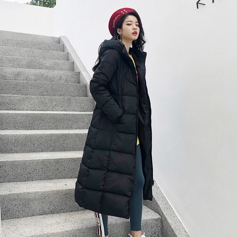 Long-length knee-length solid hooded cotton coat