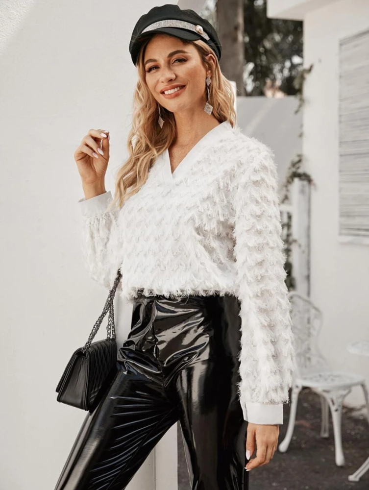V-neck tassel feather bubble sleeve long sleeve