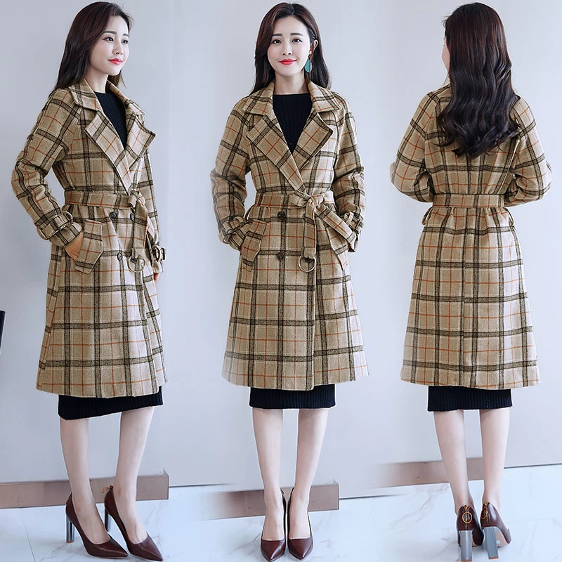 Trendy stitching temperament long trench coat