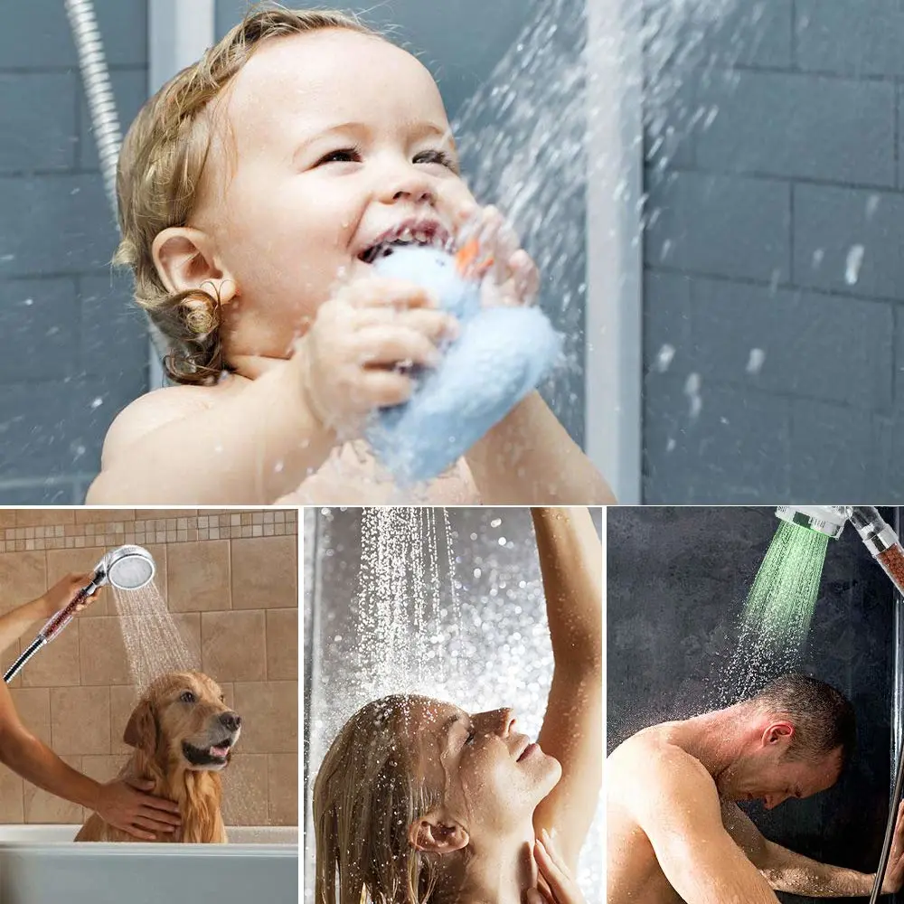 Color Changing LED Shower Head Temperature Sensor Handheld Mineral Anion Spa High Pressure Filter Shower Head