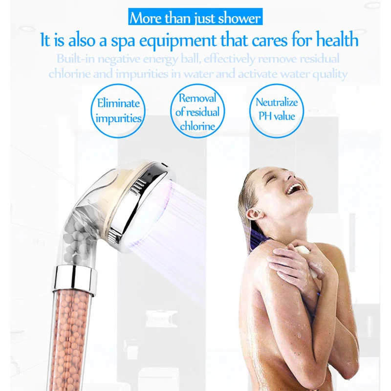 Color Changing LED Shower Head Temperature Sensor Handheld Mineral Anion Spa High Pressure Filter Shower Head