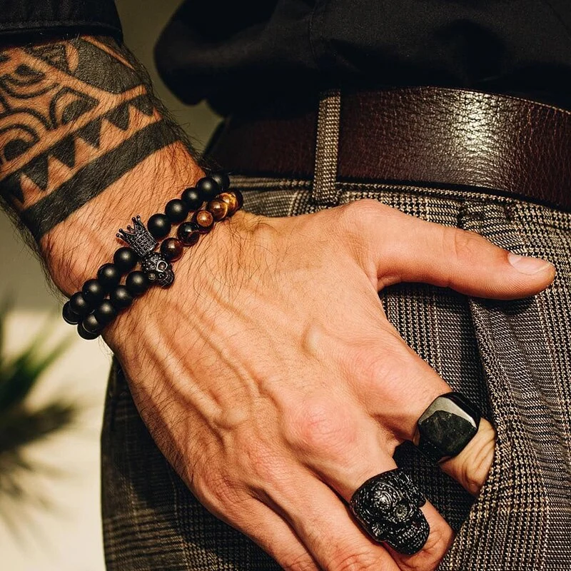 Crown skull bracelet stone men's beaded bracelet